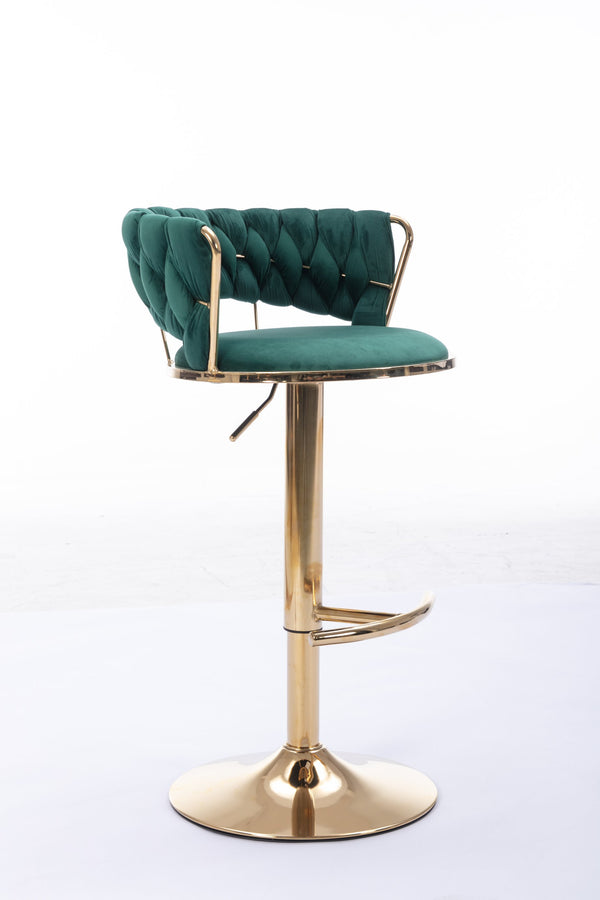 English Elm Set Velvet Bar Stools with Gold Legs and Chrome Footrest, Swivel Height-Adjustable Counter Seating, Luxe Upholstery and Sturdy Base Green W124958976