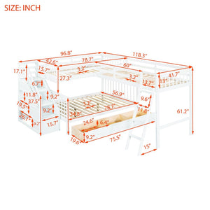 English Elm Twin Over Full L-shaped Bunk Bed with Staircase Storage Drawers and Guardrail White LT000810AAK-1