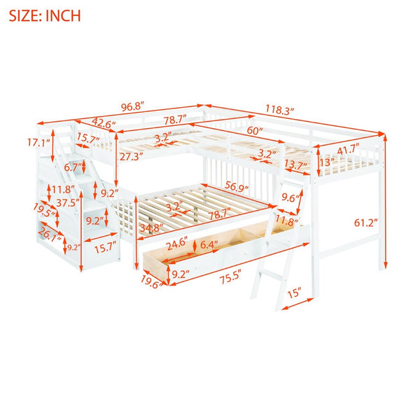English Elm Twin Over Full L-shaped Bunk Bed with Staircase Storage Drawers and Guardrail White LT000810AAK-1