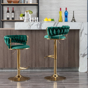 English Elm Set Velvet Bar Stools with Gold Legs and Chrome Footrest, Swivel Height-Adjustable Counter Seating, Luxe Upholstery and Sturdy Base Green W124958976