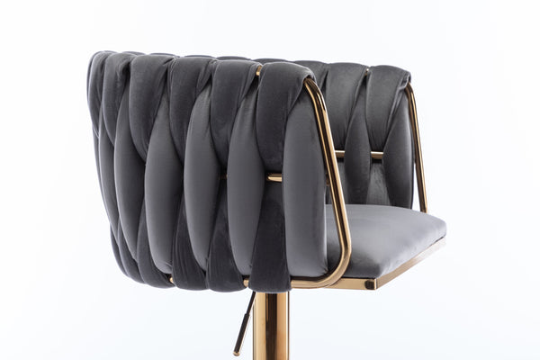 English Elm Set of 2 Velvet Bar Stools with Swivel, Chrome Footrest & Base, Height Adjustable Luxury Seating with Gold Legs Grey W124956156