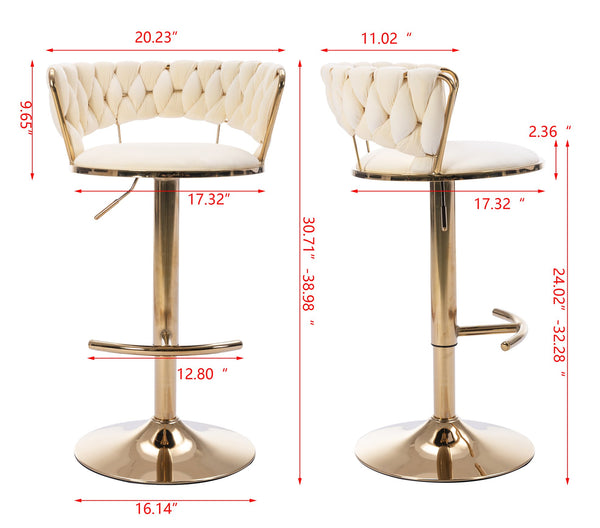 English Elm Set Velvet Bar Stools with Gold Legs and Chrome Footrest, Swivel Height-Adjustable Counter Seating, Luxe Upholstery and Sturdy Base Cream W124958979