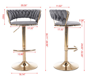 English Elm Set of 2 velvet bar stools with 360° swivel, chrome base, adjustable height, gold legs, sturdy frame and comfort Gray W124958980