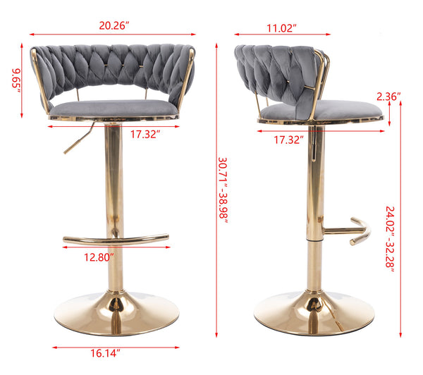 English Elm Set of 2 velvet bar stools with 360° swivel, chrome base, adjustable height, gold legs, sturdy frame and comfort Gray W124958980