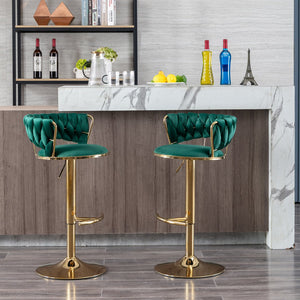 English Elm Set Velvet Bar Stools with Gold Legs and Chrome Footrest, Swivel Height-Adjustable Counter Seating, Luxe Upholstery and Sturdy Base Green W124958976