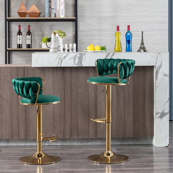 English Elm Set Velvet Bar Stools with Gold Legs and Chrome Footrest, Swivel Height-Adjustable Counter Seating, Luxe Upholstery and Sturdy Base Green W124958976