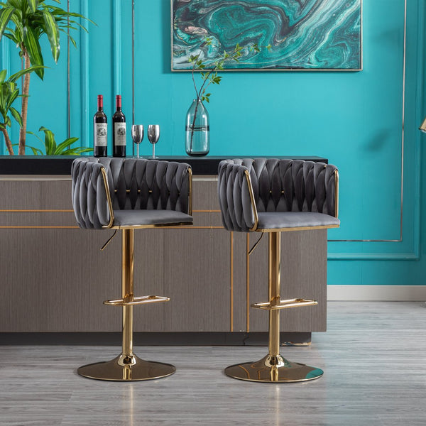 English Elm Set of 2 Velvet Bar Stools with Swivel, Chrome Footrest & Base, Height Adjustable Luxury Seating with Gold Legs Grey W124956156