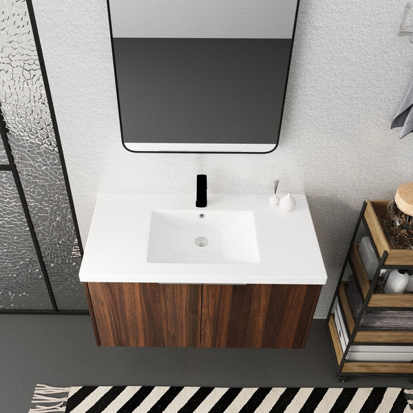 English Elm Modern 36-Inch Float Mounting Bathroom Vanity with Resin Sink, Eco Plywood, Soft-Close Doors & Shelf W99952552