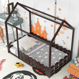 Hearth and Haven {Slats Are Not Included}Twin Size Wood Bed House Bed Frame with Fence, For Kids, Teens, Girls, Boys {Espresso}{Old Sku:Wf194274Aap} WF294208AAP