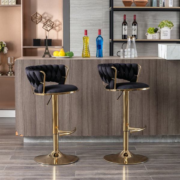 English Elm Set of 2 velvet bar stools with 360° swivel, chrome base, adjustable height, gold legs, sturdy frame and comfort Black W124958975