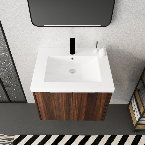 English Elm Bathroom Cabinet With Resin Sink, 24" Floating Vanity w/ Soft-Close Doors, Open Shelf Storage, Durable Eco-Friendly Finish W99952550