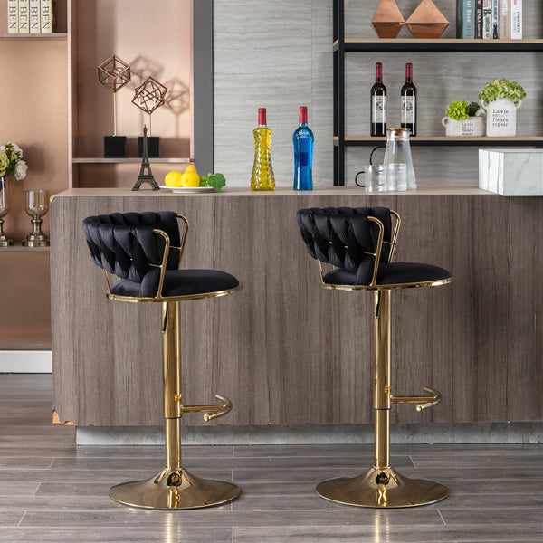 English Elm Set of 2 velvet bar stools with 360° swivel, chrome base, adjustable height, gold legs, sturdy frame and comfort Black W124958975
