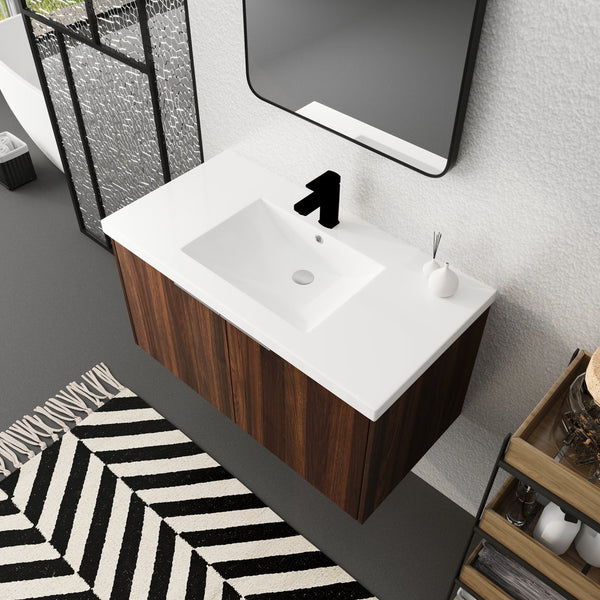 English Elm Modern 36-Inch Float Mounting Bathroom Vanity with Resin Sink, Eco Plywood, Soft-Close Doors & Shelf W99952552