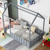 Hearth and Haven {Slats Are Not Included}Twin Size Wood Bed House Bed Frame with Fence, For Kids, Teens, Girls, Boys {Gray}{Old Sku:Wf194274Aae} WF294208AAE
