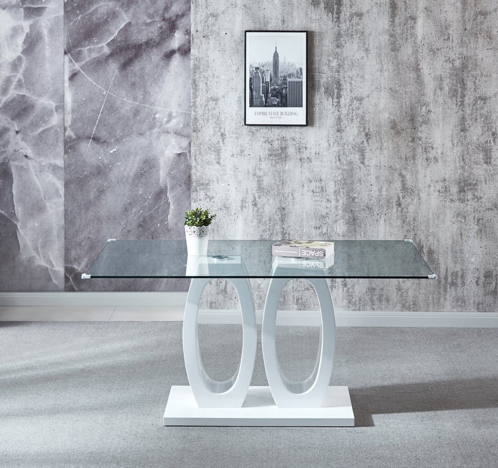 English Elm Modern Sculptural Glass Top Dining Table Seats Six with Glossy White Lacquer Base W1241S00012