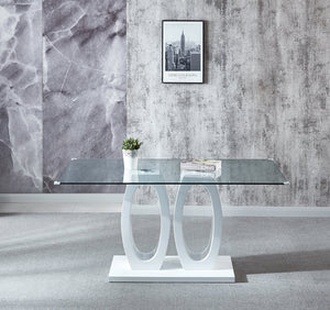 English Elm Modern Sculptural Glass Top Dining Table Seats Six with Glossy White Lacquer Base W1241S00012