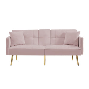 English Elm Pink Velvet Futon Sofa Bed with Gold Legs, Convertible 2-Pillow Velvet Sleeper w/ Cup Holders & Side Pockets W58858716