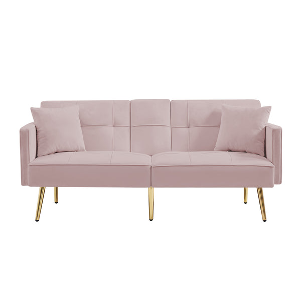 English Elm Pink Velvet Futon Sofa Bed with Gold Legs, Convertible 2-Pillow Velvet Sleeper w/ Cup Holders & Side Pockets W58858716