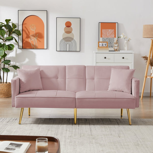 English Elm Pink Velvet Futon Sofa Bed with Gold Legs, Convertible 2-Pillow Velvet Sleeper w/ Cup Holders & Side Pockets W58858716