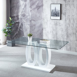 English Elm Modern Sculptural Glass Top Dining Table Seats Six with Glossy White Lacquer Base W1241S00012
