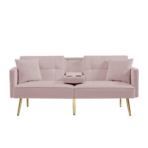 English Elm Pink Velvet Futon Sofa Bed with Gold Legs, Convertible 2-Pillow Velvet Sleeper w/ Cup Holders & Side Pockets W58858716