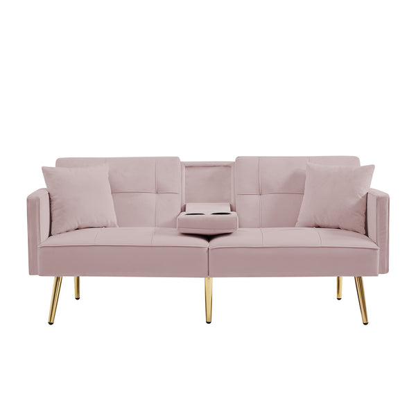 English Elm Pink Velvet Futon Sofa Bed with Gold Legs, Convertible 2-Pillow Velvet Sleeper w/ Cup Holders & Side Pockets W58858716
