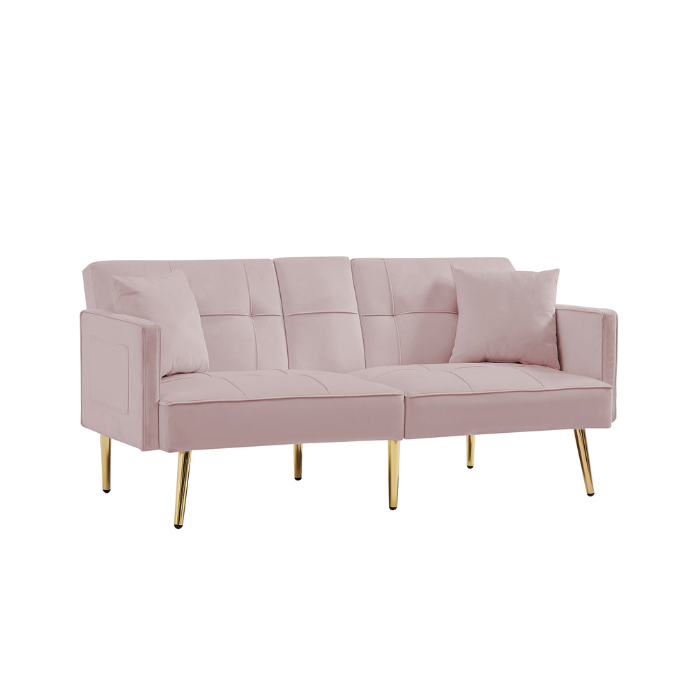 English Elm Pink Velvet Futon Sofa Bed with Gold Legs, Convertible 2-Pillow Velvet Sleeper w/ Cup Holders & Side Pockets W58858716