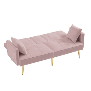 English Elm Pink Velvet Futon Sofa Bed with Gold Legs, Convertible 2-Pillow Velvet Sleeper w/ Cup Holders & Side Pockets W58858716