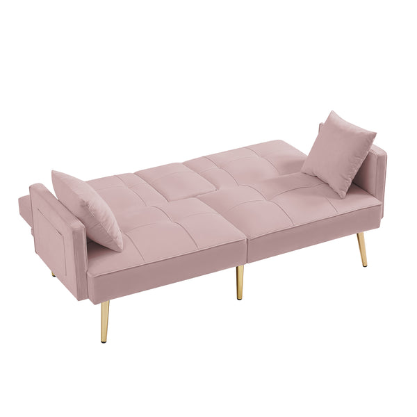 English Elm Pink Velvet Futon Sofa Bed with Gold Legs, Convertible 2-Pillow Velvet Sleeper w/ Cup Holders & Side Pockets W58858716