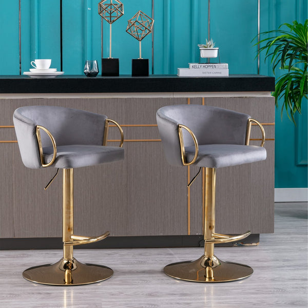 English Elm Set of 2 Velvet Bar Stools with Gold Legs, Swivel Height-Adjustable Seats and Chrome Footrest Comfortably Stylish Seating for Kitchen Island and Home Bar Grey W124959222