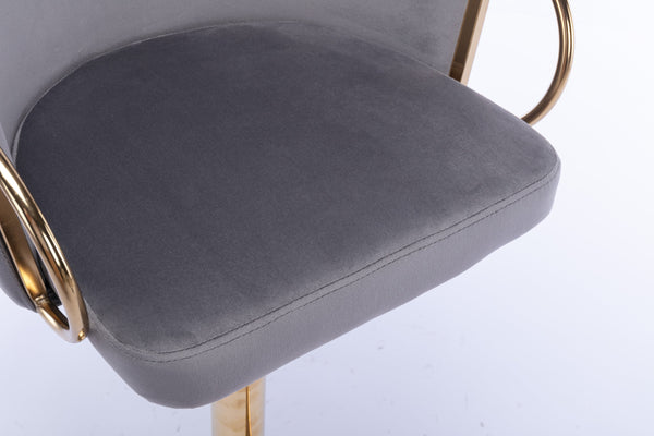 English Elm Set of 2 Velvet Bar Stools with Gold Legs, Swivel Height-Adjustable Seats and Chrome Footrest Comfortably Stylish Seating for Kitchen Island and Home Bar Grey W124959222