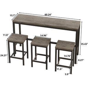 English Elm Modern Long Dining Table Set with 60" Rustic Space-Saving Pub Table and 3 Metal-Frame Stools, Easy Assembly Brown Gray W757113529