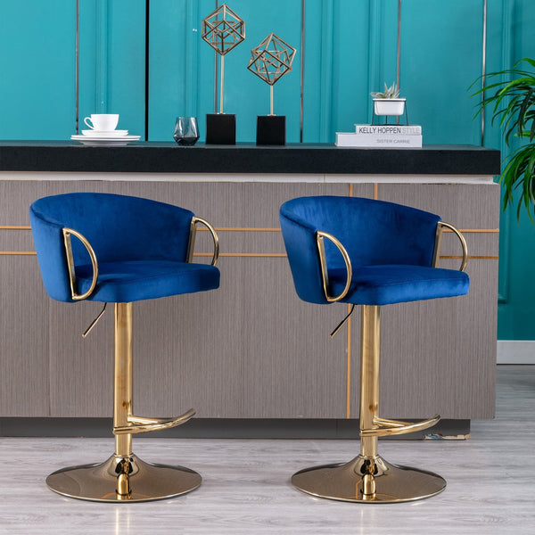 English Elm Set of 2 Velvet Bar Stools with Gold Legs, Swivel Height-Adjustable Seats and Chrome Footrest Comfortably Stylish Seating for Kitchen Island and Home Bar Navy W124959225