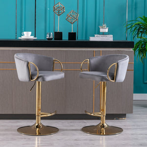 English Elm Set of 2 Velvet Bar Stools with Gold Legs, Swivel Height-Adjustable Seats and Chrome Footrest Comfortably Stylish Seating for Kitchen Island and Home Bar Grey W124959222