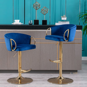 English Elm Set of 2 Velvet Bar Stools with Gold Legs, Swivel Height-Adjustable Seats and Chrome Footrest Comfortably Stylish Seating for Kitchen Island and Home Bar Navy W124959225
