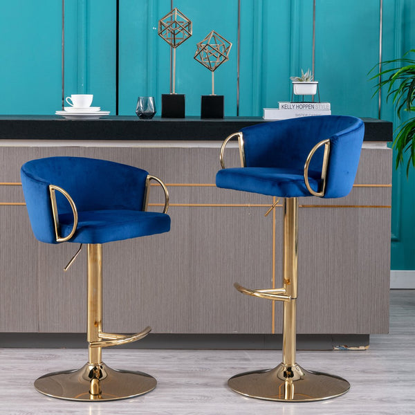 English Elm Set of 2 Velvet Bar Stools with Gold Legs, Swivel Height-Adjustable Seats and Chrome Footrest Comfortably Stylish Seating for Kitchen Island and Home Bar Navy W124959225