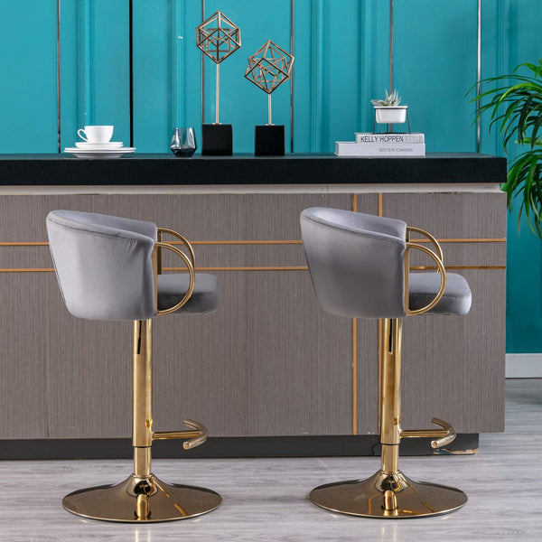 English Elm Set of 2 Velvet Bar Stools with Gold Legs, Swivel Height-Adjustable Seats and Chrome Footrest Comfortably Stylish Seating for Kitchen Island and Home Bar Grey W124959222