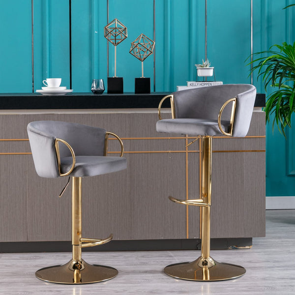 English Elm Set of 2 Velvet Bar Stools with Gold Legs, Swivel Height-Adjustable Seats and Chrome Footrest Comfortably Stylish Seating for Kitchen Island and Home Bar Grey W124959222