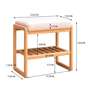 English Elm Natural Oak Entryway Bench with Cushioned Seat and Two Tier Shoe Storage Shelves W128352087