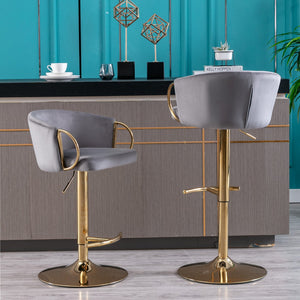 English Elm Set of 2 Velvet Bar Stools with Gold Legs, Swivel Height-Adjustable Seats and Chrome Footrest Comfortably Stylish Seating for Kitchen Island and Home Bar Grey W124959222