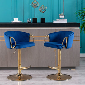 English Elm Set of 2 Velvet Bar Stools with Gold Legs, Swivel Height-Adjustable Seats and Chrome Footrest Comfortably Stylish Seating for Kitchen Island and Home Bar Navy W124959225