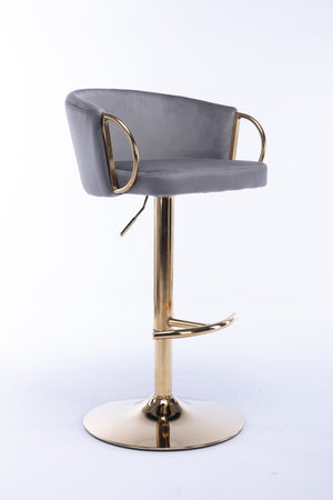 English Elm Set of 2 Velvet Bar Stools with Gold Legs, Swivel Height-Adjustable Seats and Chrome Footrest Comfortably Stylish Seating for Kitchen Island and Home Bar Grey W124959222