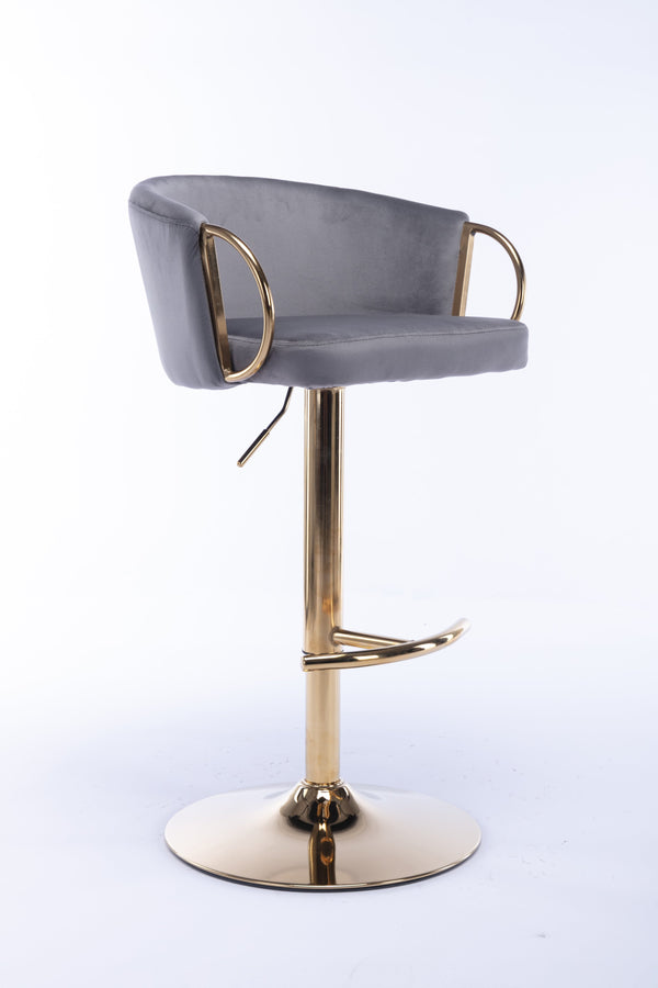 English Elm Set of 2 Velvet Bar Stools with Gold Legs, Swivel Height-Adjustable Seats and Chrome Footrest Comfortably Stylish Seating for Kitchen Island and Home Bar Grey W124959222