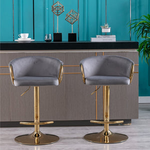 English Elm Set of 2 Velvet Bar Stools with Gold Legs, Swivel Height-Adjustable Seats and Chrome Footrest Comfortably Stylish Seating for Kitchen Island and Home Bar Grey W124959222