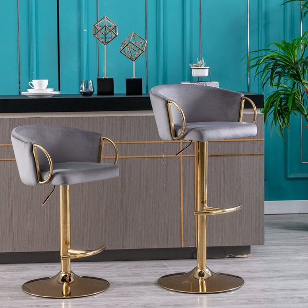 English Elm Set of 2 Velvet Bar Stools with Gold Legs, Swivel Height-Adjustable Seats and Chrome Footrest Comfortably Stylish Seating for Kitchen Island and Home Bar Grey W124959222