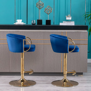 English Elm Set of 2 Velvet Bar Stools with Gold Legs, Swivel Height-Adjustable Seats and Chrome Footrest Comfortably Stylish Seating for Kitchen Island and Home Bar Navy W124959225