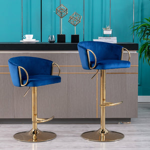 English Elm Set of 2 Velvet Bar Stools with Gold Legs, Swivel Height-Adjustable Seats and Chrome Footrest Comfortably Stylish Seating for Kitchen Island and Home Bar Navy W124959225