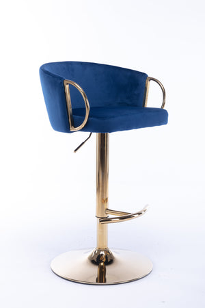 English Elm Set of 2 Velvet Bar Stools with Gold Legs, Swivel Height-Adjustable Seats and Chrome Footrest Comfortably Stylish Seating for Kitchen Island and Home Bar Navy W124959225