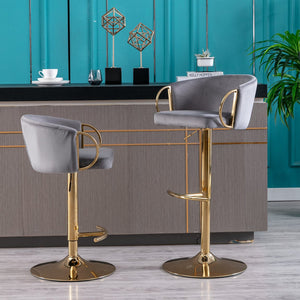 English Elm Set of 2 Velvet Bar Stools with Gold Legs, Swivel Height-Adjustable Seats and Chrome Footrest Comfortably Stylish Seating for Kitchen Island and Home Bar Grey W124959222