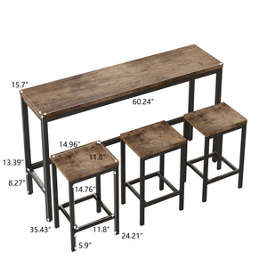 English Elm Long Dining Table Set with 3 Stools, Natural Solid Wood Finish, Easy Assembly, Rustic Modern Design W757113525